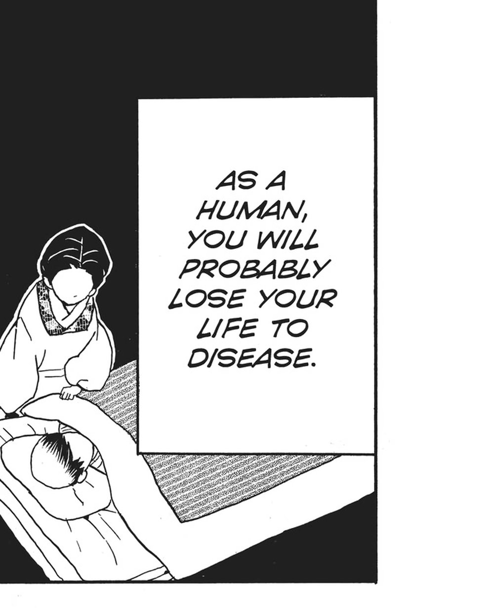 Demon Slayer: Kimetsu no Yaiba Vol. 3 (VIZ Media), p.59 — the same panel: "AS A HUMAN, YOU WILL PROBABLY LOSE YOUR LIFE TO DISEASE."