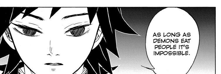 Demon Slayer: Kimetsu no Yaiba Vol. 4 (VIZ Media), p.65 — the same panel: "AS LONG AS DEMONS EAT PEOPLE IT'S IMPOSSIBLE."