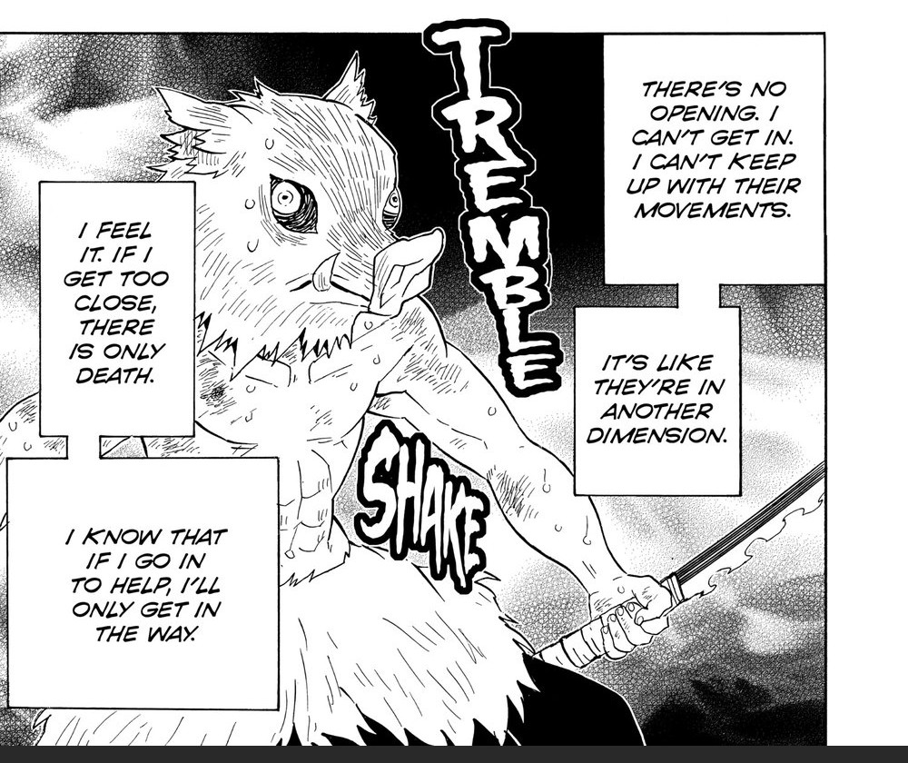 Demon Slayer: Kimetsu no Yaiba Vol. 8 (VIZ Media), p.51 — the same panel: "I KNOW THAT IF I GO IN TO HELP, I'LL ONLY GET IN THE WAY."
