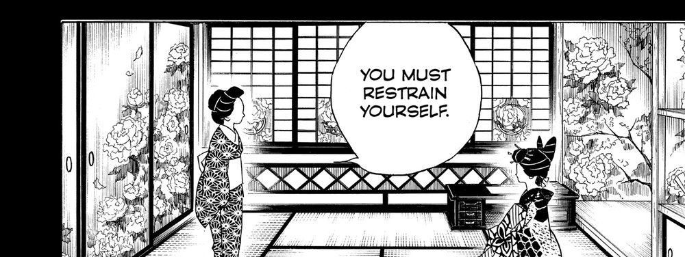 Demon Slayer: Kimetsu no Yaiba Vol. 9 (VIZ Media), p.70 — the same panel: "YOU MUST RESTRAIN YOURSELF."