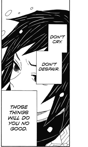 Demon Slayer: Kimetsu no Yaiba Vol. 1 (VIZ Media), p.41 — the same panel: "DON'T CRY. DON'T DESPAIR. THOSE THINGS WILL DO YOU NO GOOD."