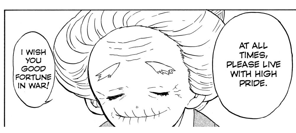 Demon Slayer: Kimetsu no Yaiba Vol. 4 (VIZ Media), p.50 — the same panel: "AT ALL TIMES, PLEASE LIVE WITH HIGH PRIDE." / "I WISH YOU GOOD FORTUNE IN WAR!"