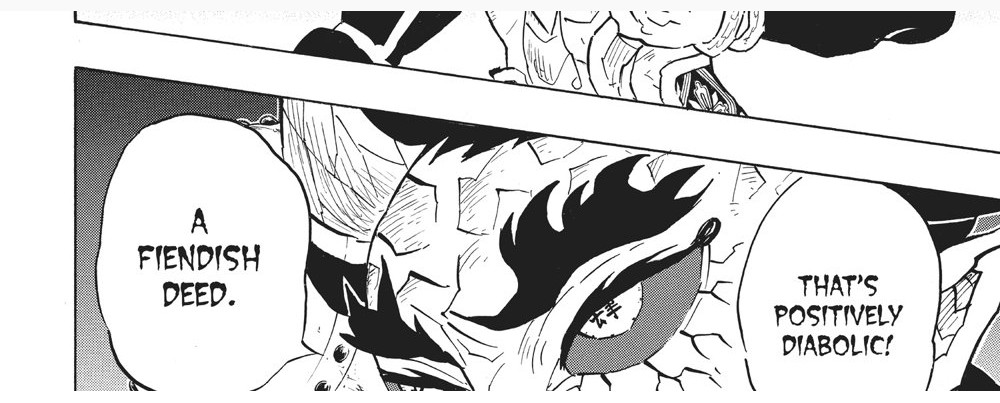 Demon Slayer: Kimetsu no Yaiba Vol. 14 (VIZ Media), p.24 — the same panel: "A FIENDISH DEED." / "THAT'S POSITIVELY DIABOLIC!"