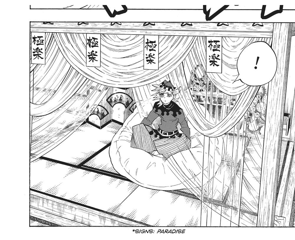Demon Slayer: Kimetsu no Yaiba Vol. 12 (VIZ Media), p.36 — the same panel, banners left in Japanese with a translator's caption below the art: “*SIGNS: PARADISE.”
