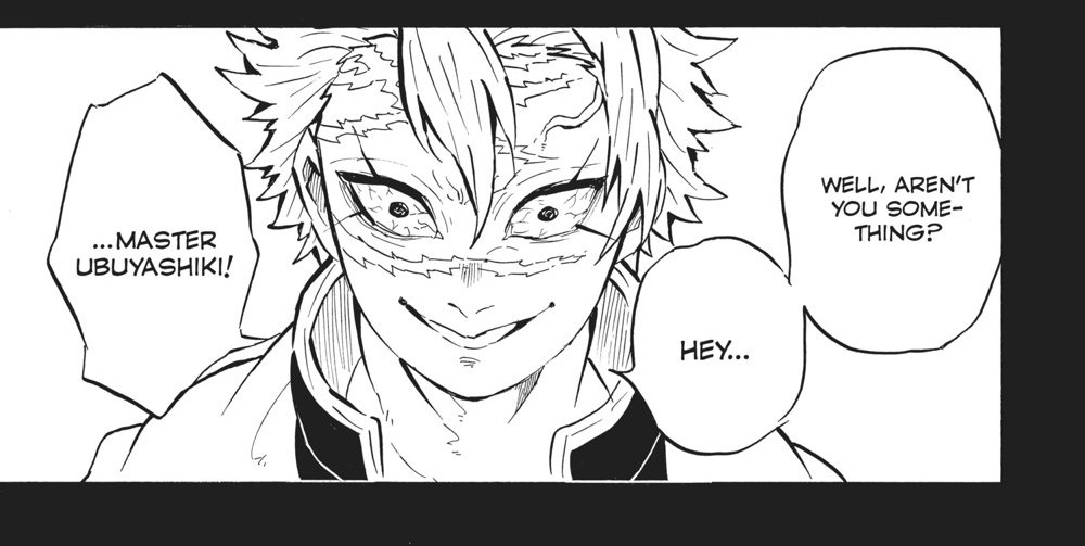 Demon Slayer: Kimetsu no Yaiba Vol. 19 (VIZ Media), p.159 — the same panel: "...MASTER UBUYASHIKI! HEY... WELL, AREN'T YOU SOMETHING?"