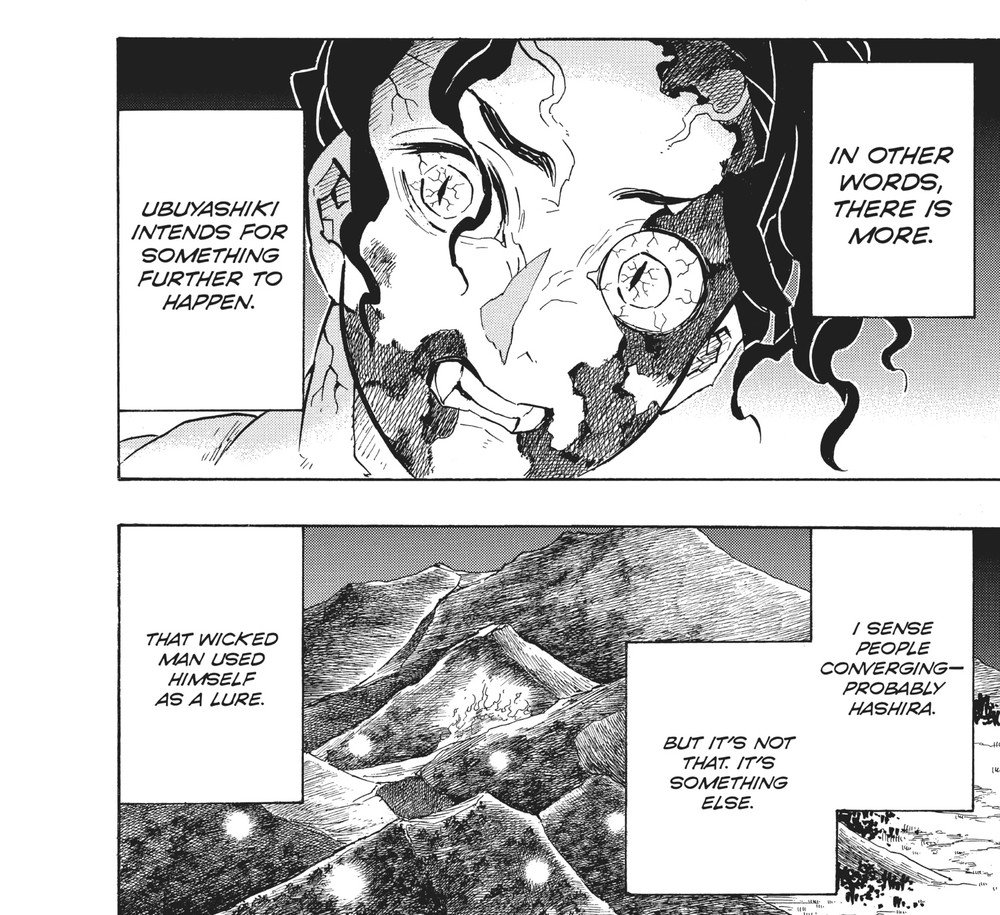 Demon Slayer: Kimetsu no Yaiba Vol. 16 (VIZ Media), p.96 — the same two panels: Muzan's ruined face, then the mountain ridge captioned "THAT WICKED MAN USED HIMSELF AS A LURE."