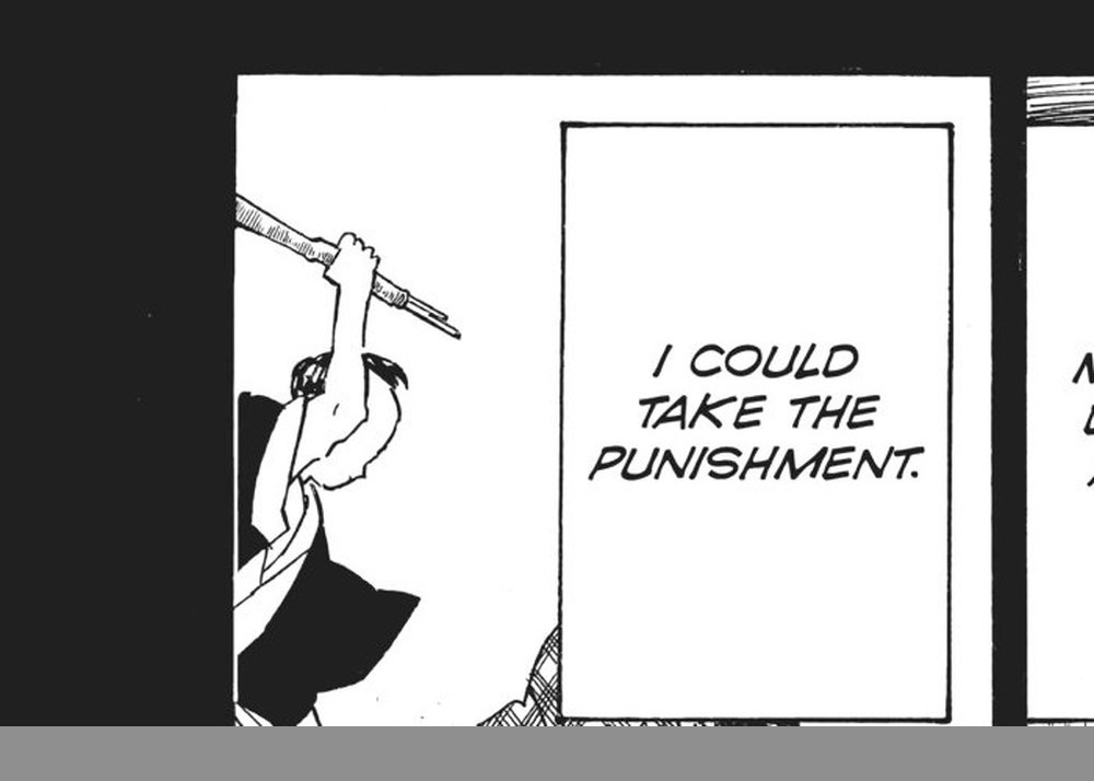 Demon Slayer: Kimetsu no Yaiba Vol. 18 (VIZ Media), p.60 — the same panel: a whip raised overhead beside the caption "I COULD TAKE THE PUNISHMENT."