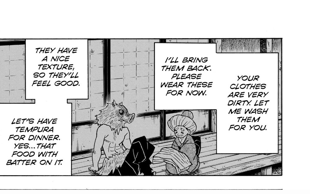 Demon Slayer: Kimetsu no Yaiba Vol. 4 (VIZ Media), p.59 — the same panel: "YOUR CLOTHES ARE VERY DIRTY. LET ME WASH THEM FOR YOU." / "I'LL BRING THEM BACK. PLEASE WEAR THESE FOR NOW."
