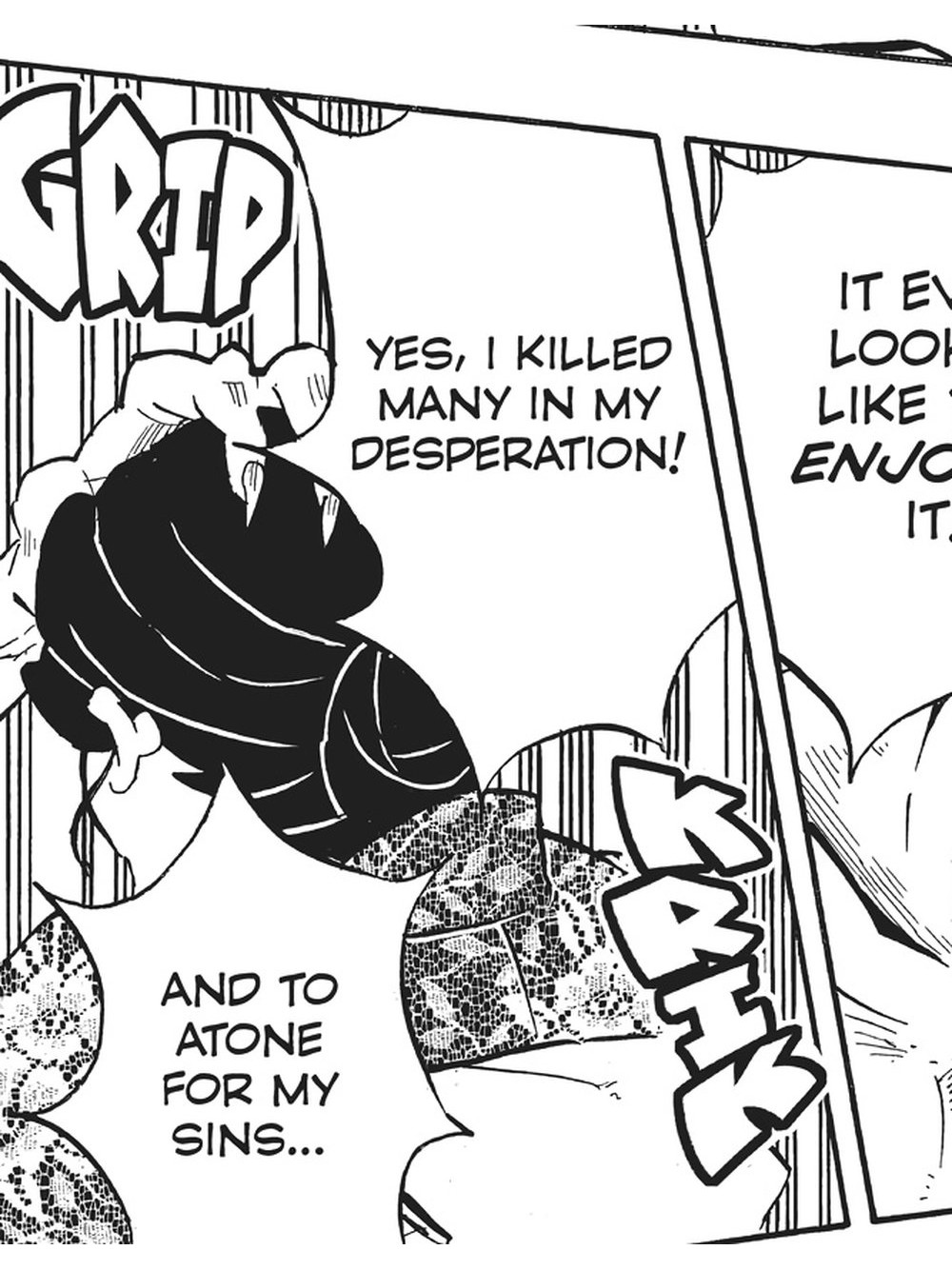 Demon Slayer: Kimetsu no Yaiba Vol. 16 (VIZ Media), p.103 — the same panel: "YES, I KILLED MANY IN MY DESPERATION!" / "AND TO ATONE FOR MY SINS..."