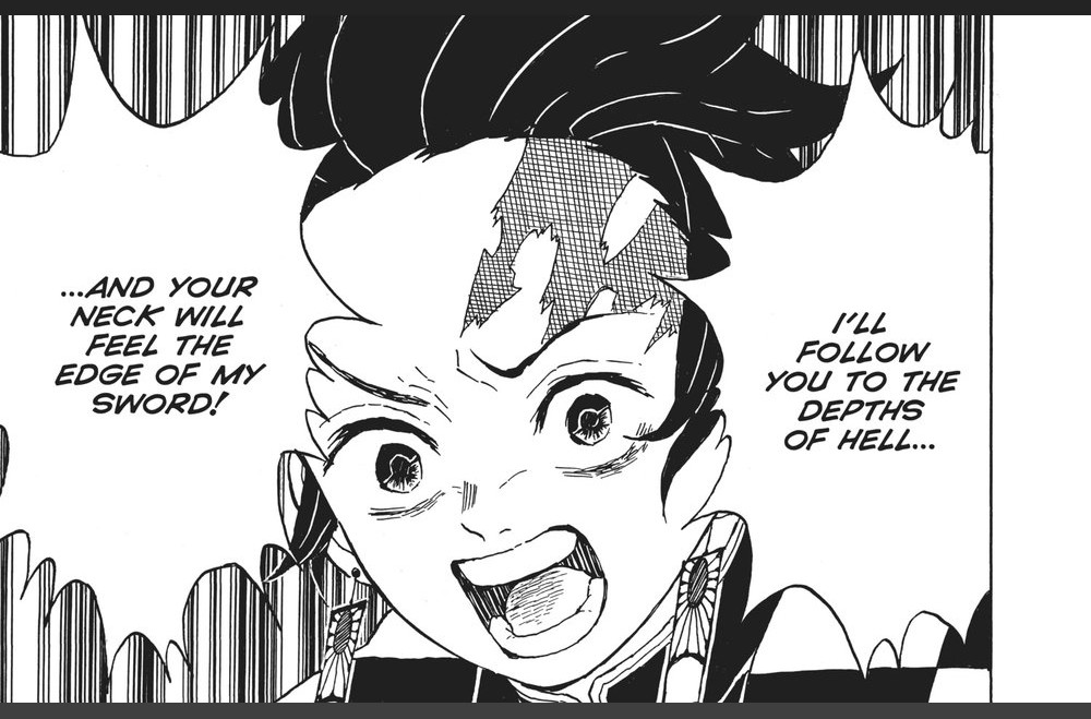 Demon Slayer: Kimetsu no Yaiba Vol. 2 (VIZ Media), p.131 — the same panel: "I'LL FOLLOW YOU TO THE DEPTHS OF HELL... AND YOUR NECK WILL FEEL THE EDGE OF MY SWORD!"