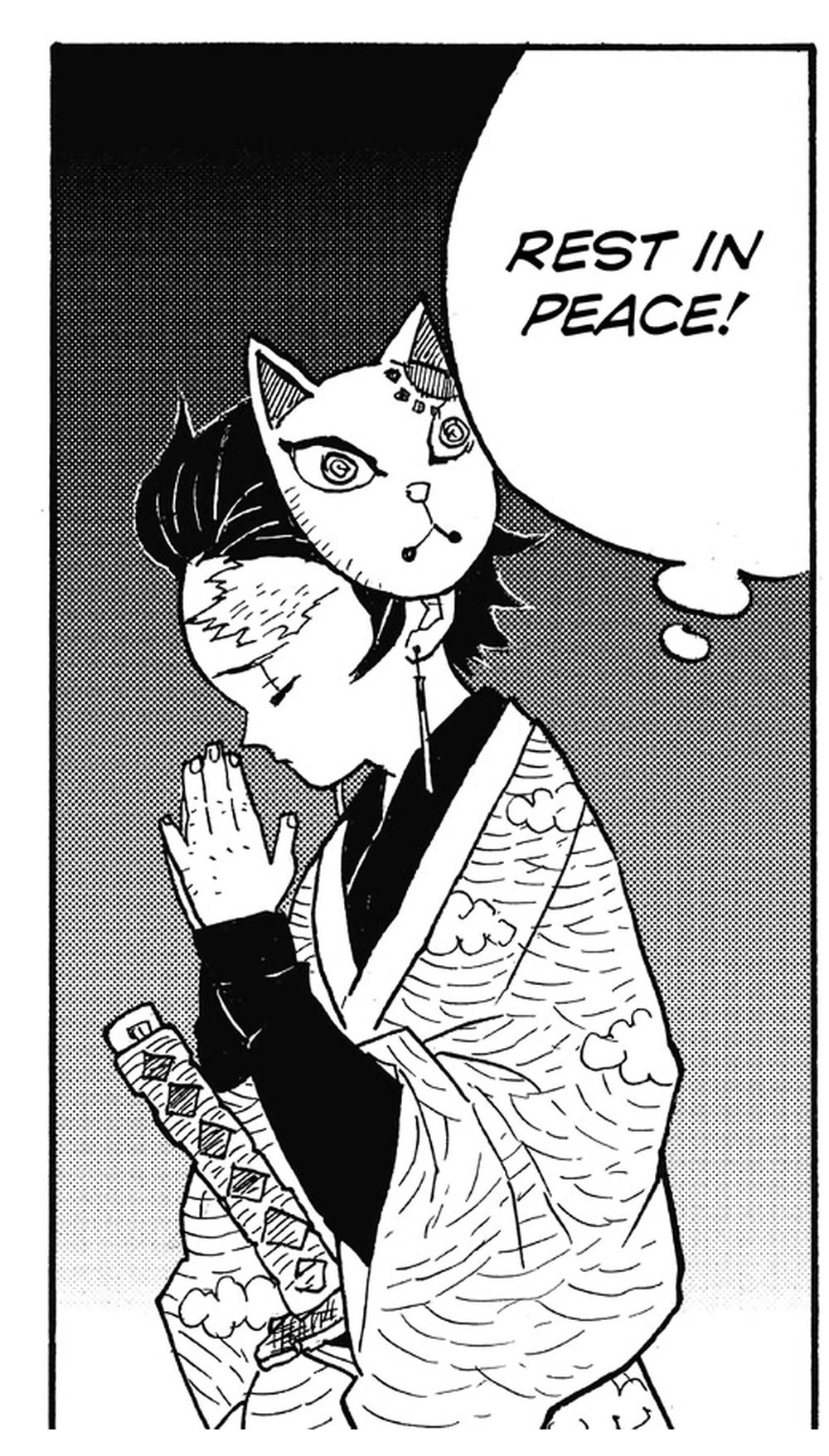 Demon Slayer: Kimetsu no Yaiba Vol. 1 (VIZ Media), p.164 — the same panel: Tanjiro praying, "REST IN PEACE!"