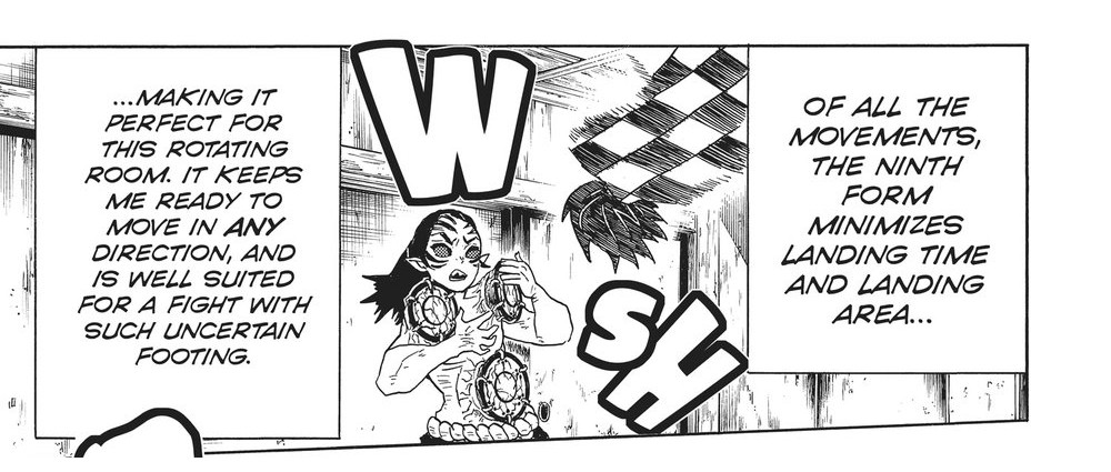 Demon Slayer: Kimetsu no Yaiba Vol. 3 (VIZ Media), p.177 — the same panel: "...MAKING IT PERFECT FOR THIS ROTATING ROOM. IT KEEPS ME READY TO MOVE IN ANY DIRECTION, AND IS WELL SUITED FOR A FIGHT WITH SUCH UNCERTAIN FOOTING."