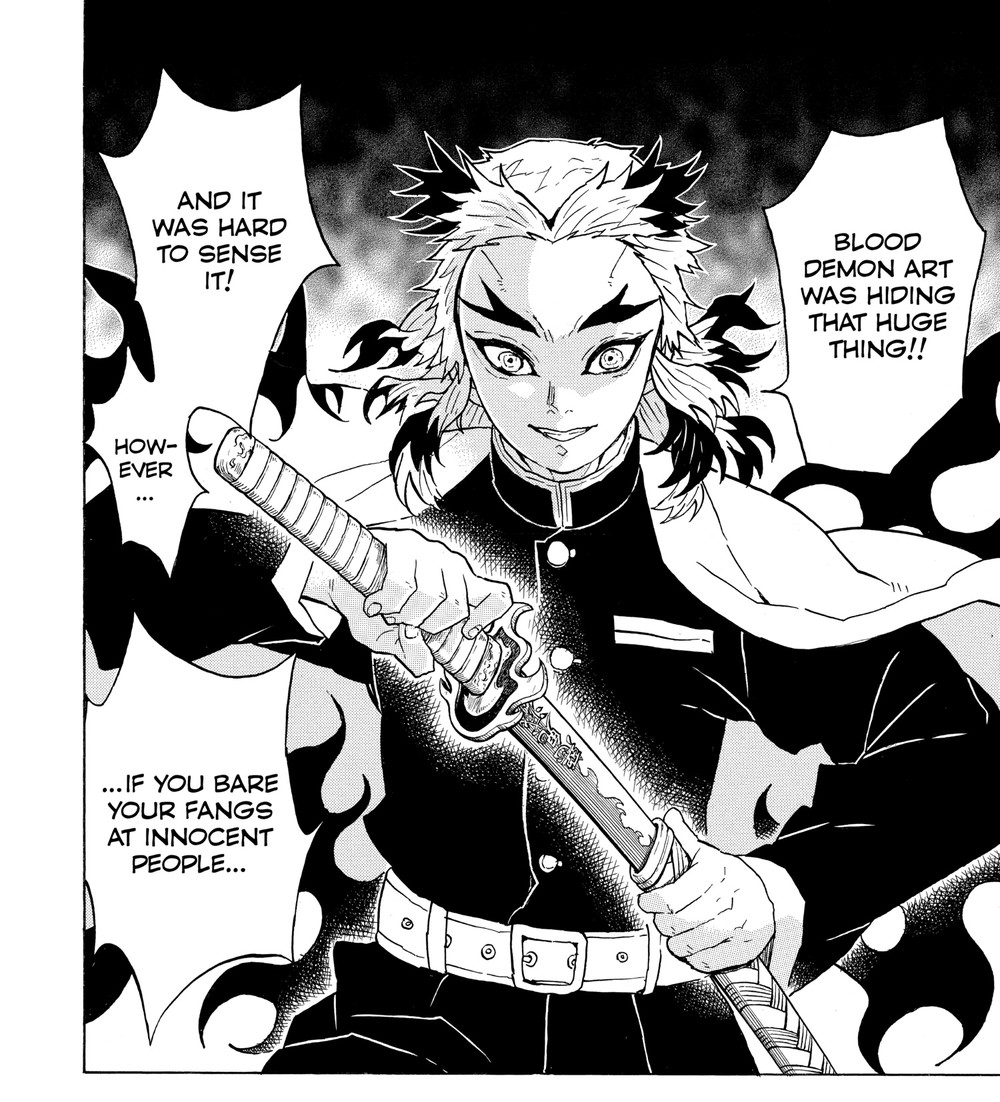 Demon Slayer: Kimetsu no Yaiba Vol. 7 (VIZ Media), p.42 — the same panel: "...IF YOU BARE YOUR FANGS AT INNOCENT PEOPLE... ...MY BRIGHT RED FLAME BLADE... ...WILL BURN YOU TO THE BONE!!"