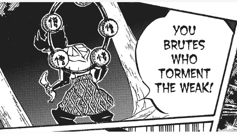 Demon Slayer: Kimetsu no Yaiba Vol. 14 (VIZ Media), p.13 — the same panel: "YOU BRUTES WHO TORMENT THE WEAK!"