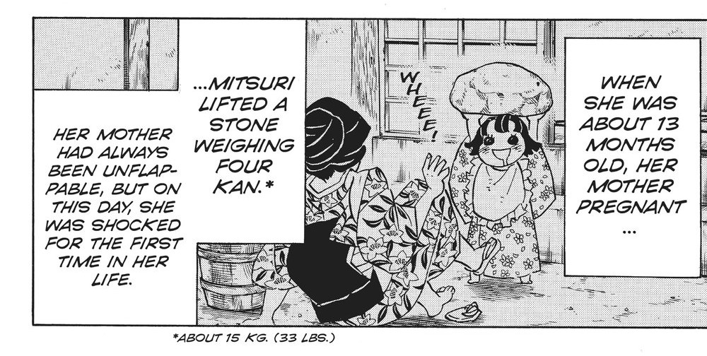 Demon Slayer: Kimetsu no Yaiba Vol. 14 (VIZ Media), p.164 — the same panel: "HER MOTHER HAD ALWAYS BEEN UNFLAPPABLE, BUT ON THIS DAY, SHE WAS SHOCKED FOR THE FIRST TIME IN HER LIFE."