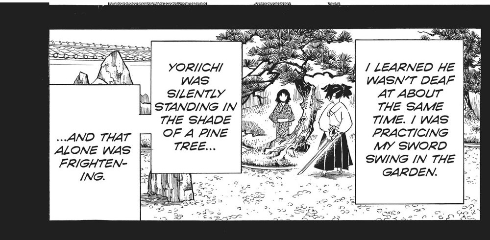 Demon Slayer: Kimetsu no Yaiba Vol. 20 (VIZ Media), p.154 — the same panel: "YORIICHI WAS SILENTLY STANDING IN THE SHADE OF A PINE TREE..." / "...AND THAT ALONE WAS FRIGHTENING."