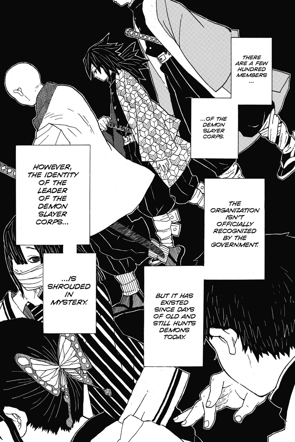 Demon Slayer: Kimetsu no Yaiba Vol. 1 (VIZ Media), p.112 — the same montage page: "THERE ARE A FEW HUNDRED MEMBERS... OF THE DEMON SLAYER CORPS." / "THE ORGANIZATION ISN'T OFFICIALLY RECOGNIZED BY THE GOVERNMENT."