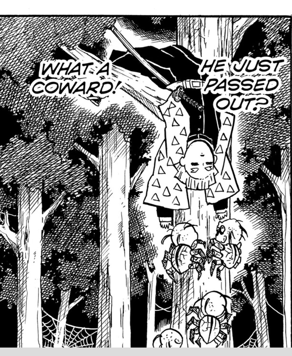 Demon Slayer: Kimetsu no Yaiba Vol. 4 (VIZ Media), p.157 — the same panel: "HE JUST PASSED OUT?" / "WHAT A COWARD!"