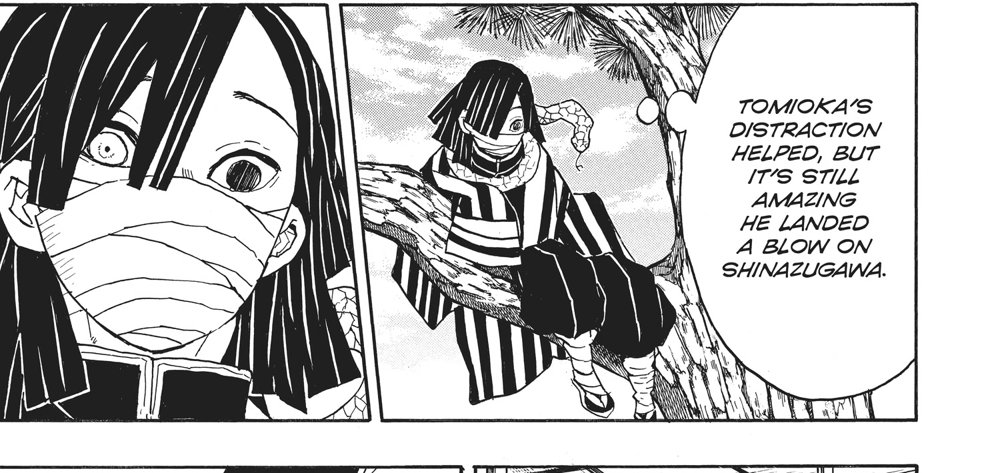 Demon Slayer: Kimetsu no Yaiba Vol. 6 (VIZ Media), p.51 — the same panels: Obanai in the tree, captioned "TOMIOKA'S DISTRACTION HELPED, BUT IT'S STILL AMAZING HE LANDED A BLOW ON SHINAZUGAWA."