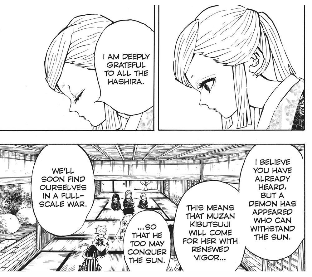 Demon Slayer: Kimetsu no Yaiba Vol. 15 (VIZ Media), p.81 — the same beat: "THIS MEANS THAT MUZAN KIBUTSUJI WILL COME FOR HER WITH RENEWED VIGOR..."