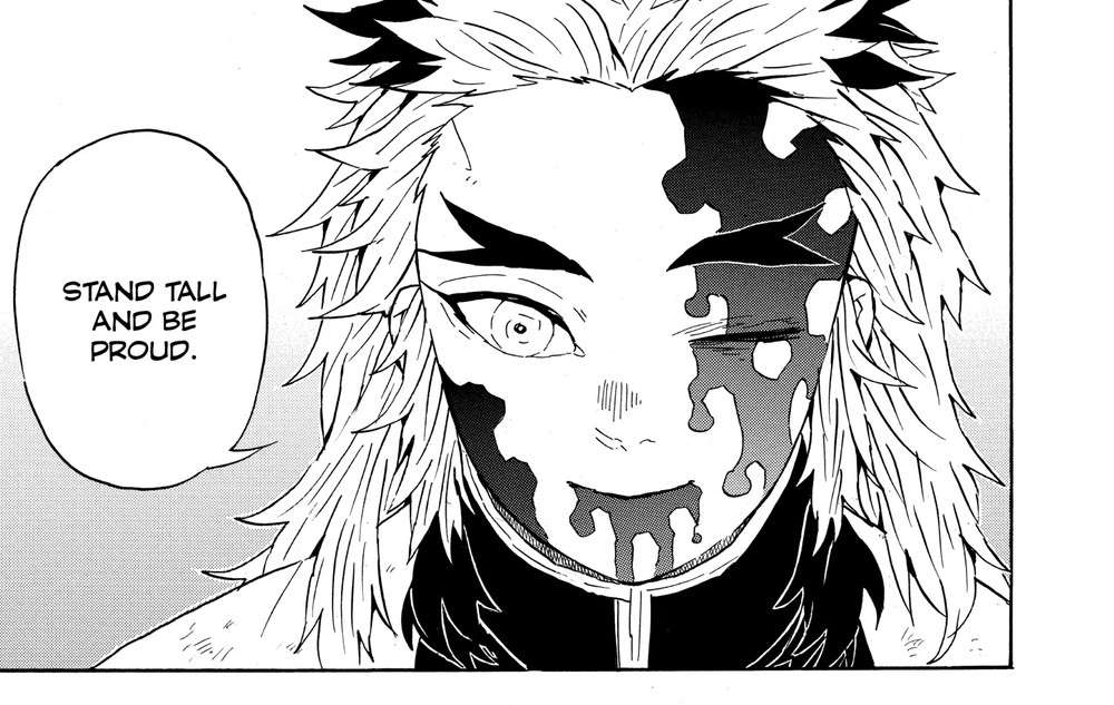 Demon Slayer: Kimetsu no Yaiba Vol. 8 (VIZ Media), p.93 — the same close-up: "STAND TALL AND BE PROUD."