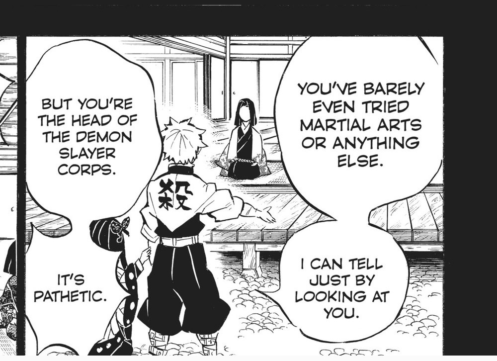 Demon Slayer: Kimetsu no Yaiba Vol. 19 (VIZ Media), p.161 — the same panel: Sanemi looms over the seated Ubuyashiki, the last line landing as "IT'S PATHETIC."