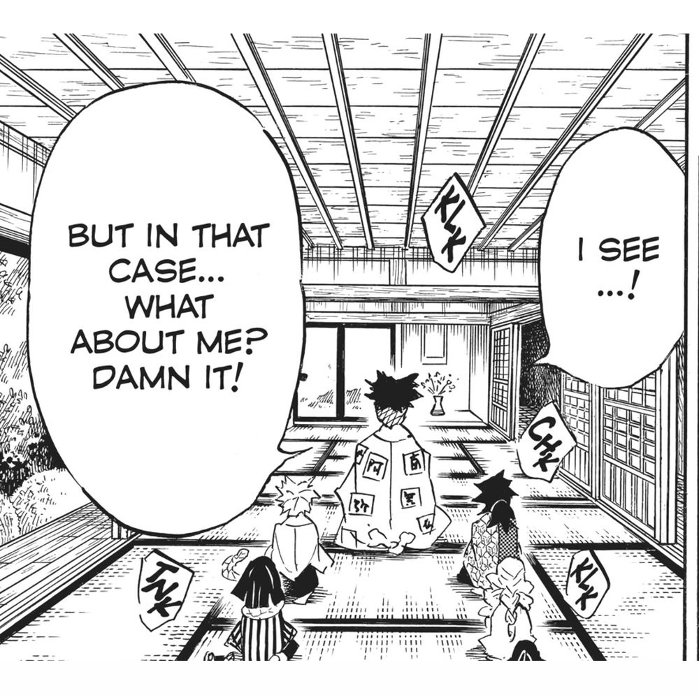 Demon Slayer: Kimetsu no Yaiba Vol. 15 (VIZ Media), p.95 — the same panel: "I SEE...!" / "BUT IN THAT CASE... WHAT ABOUT ME? DAMN IT!"