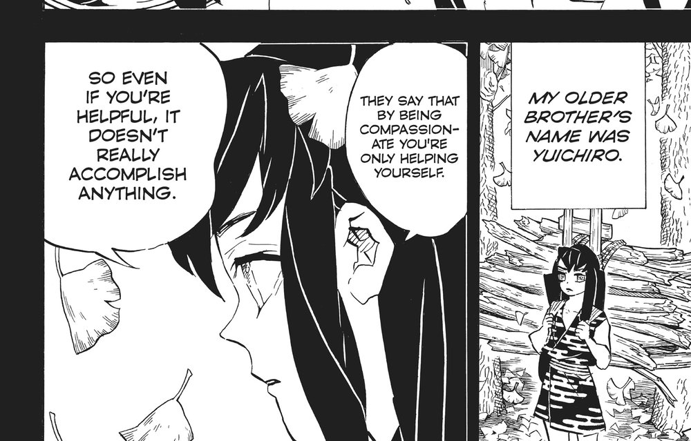 Demon Slayer: Kimetsu no Yaiba Vol. 14 (VIZ Media), p.52 — the same panels: "MY OLDER BROTHER'S NAME WAS YUICHIRO." / "THEY SAY THAT BY BEING COMPASSIONATE YOU'RE ONLY HELPING YOURSELF." / "SO EVEN IF YOU'RE HELPFUL, IT DOESN'T REALLY ACCOMPLISH ANYTHING."