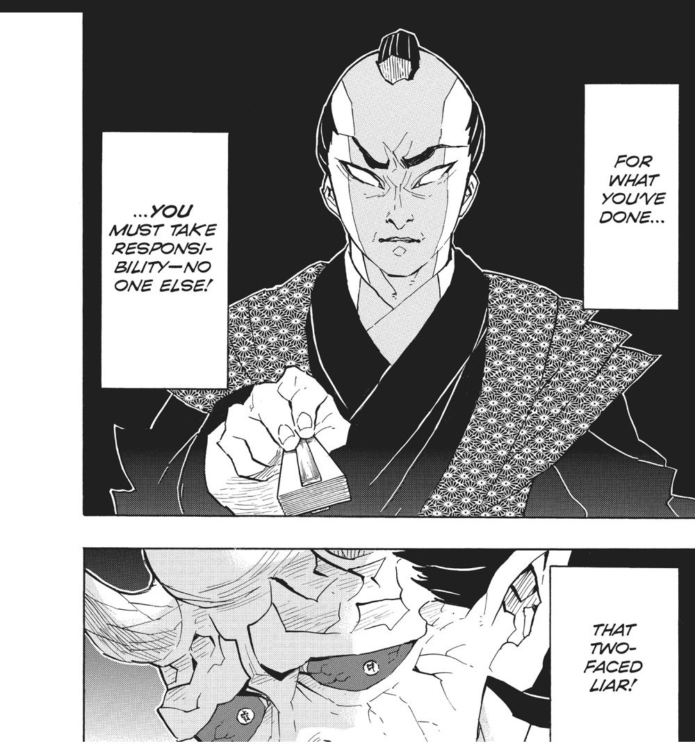 Demon Slayer: Kimetsu no Yaiba Vol. 14 (VIZ Media), p.188 — the same two panels: "FOR WHAT YOU'VE DONE..." / "...YOU MUST TAKE RESPONSIBILITY—NO ONE ELSE!" above, "THAT TWO-FACED LIAR!" below.