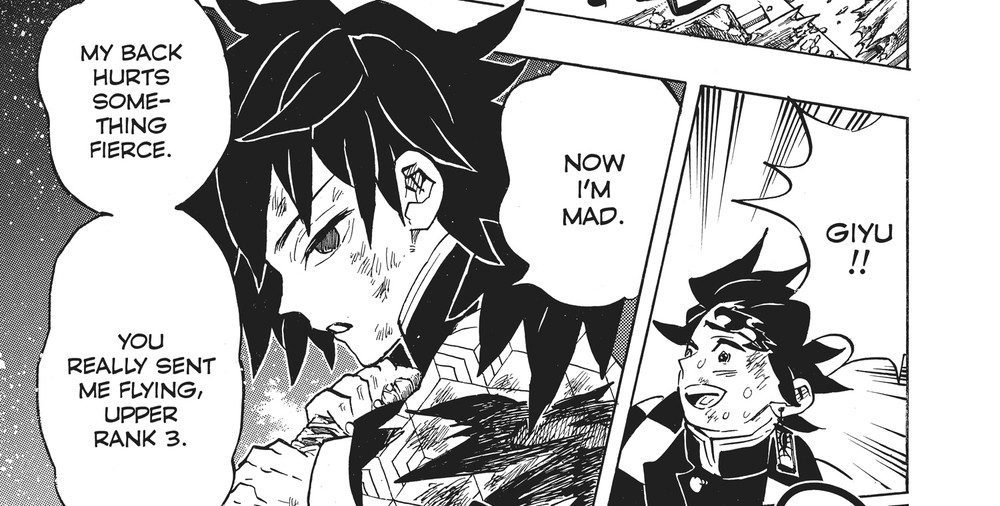 Demon Slayer: Kimetsu no Yaiba Vol. 17 (VIZ Media), p.147 — the same panel: "NOW I'M MAD."
