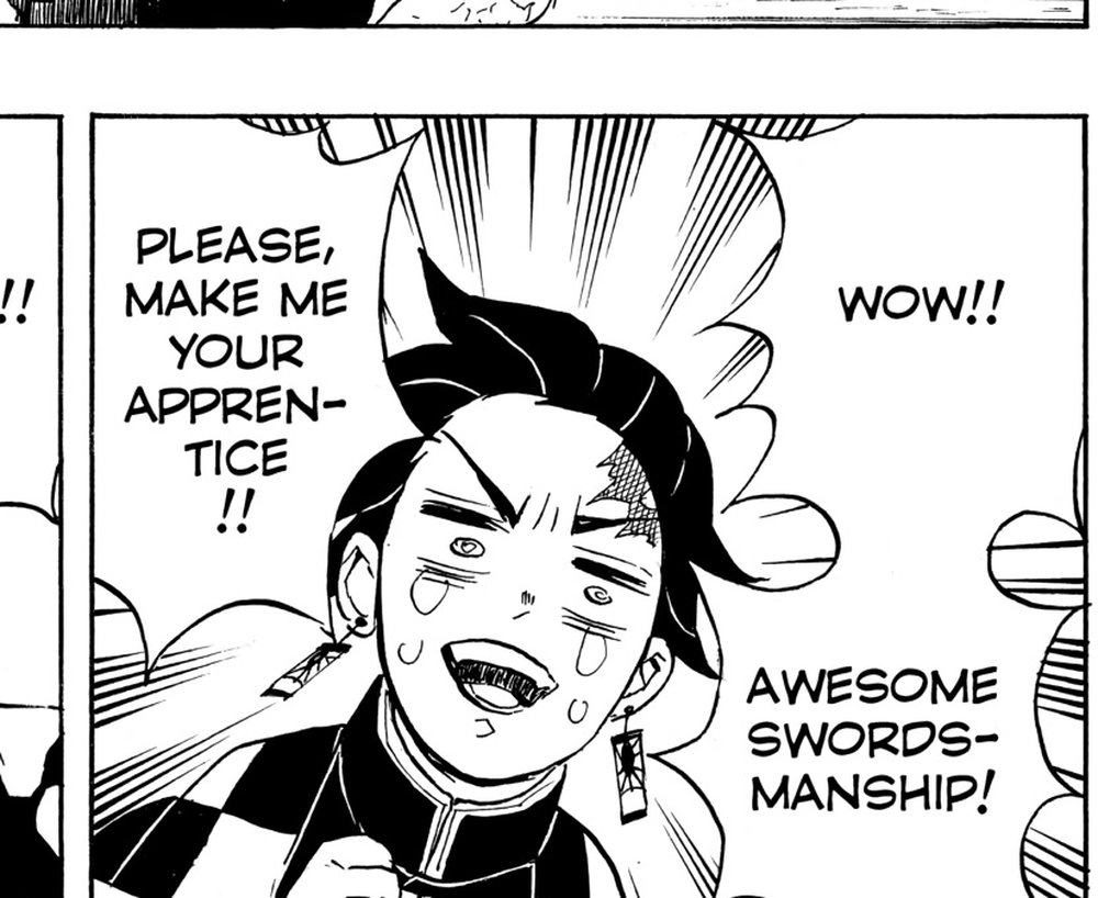 Demon Slayer: Kimetsu no Yaiba Vol. 7 (VIZ Media), p.45 — the same beat: "WOW!! AWESOME SWORDSMANSHIP! PLEASE, MAKE ME YOUR APPRENTICE!!"
