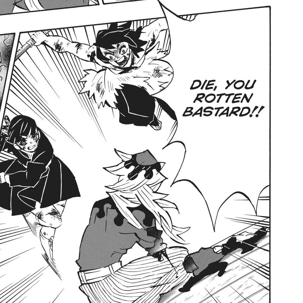Demon Slayer: Kimetsu no Yaiba Vol. 19 (VIZ Media), p.39 — the same leap: "DIE, YOU ROTTEN BASTARD!!"