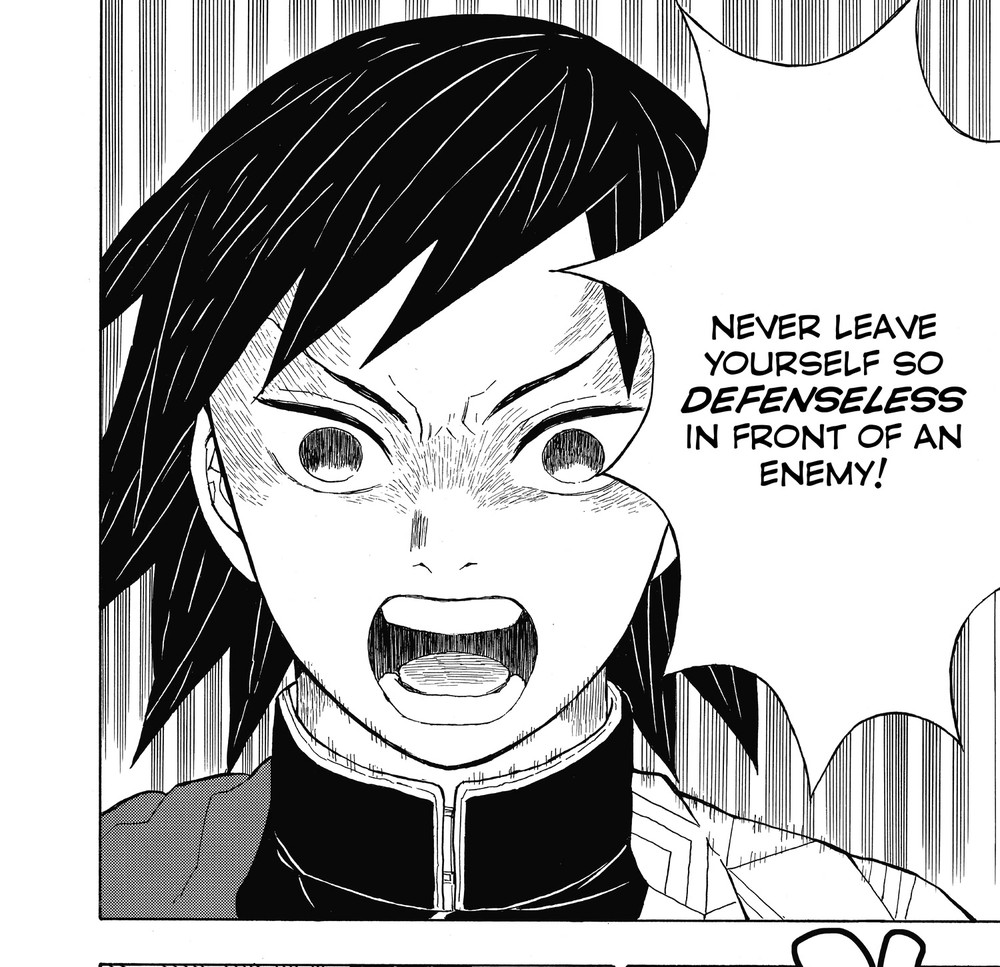 Demon Slayer: Kimetsu no Yaiba Vol. 1 (VIZ Media), p.38 — the same panel: "NEVER LEAVE YOURSELF SO DEFENSELESS IN FRONT OF AN ENEMY!"