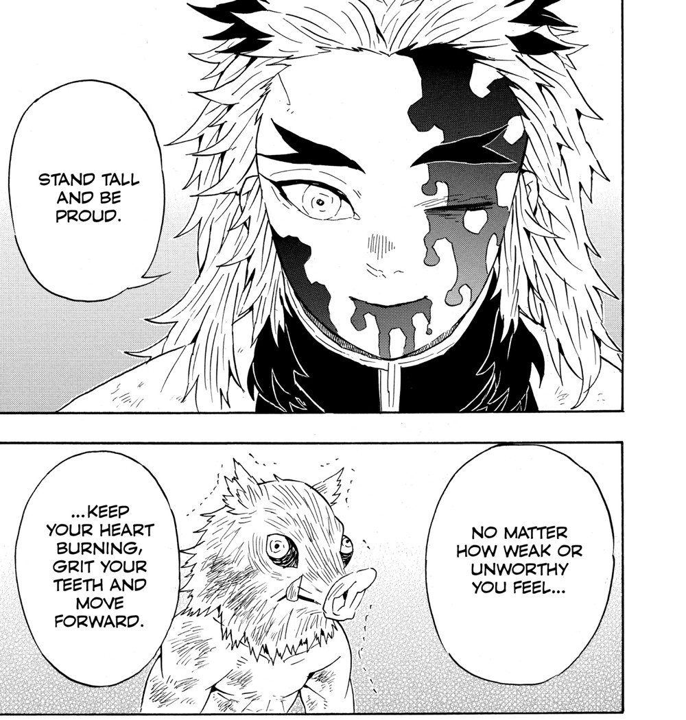 Demon Slayer: Kimetsu no Yaiba Vol. 8 (VIZ Media), p.93 — the same two panels: "STAND TALL AND BE PROUD." / "...KEEP YOUR HEART BURNING, GRIT YOUR TEETH AND MOVE FORWARD."