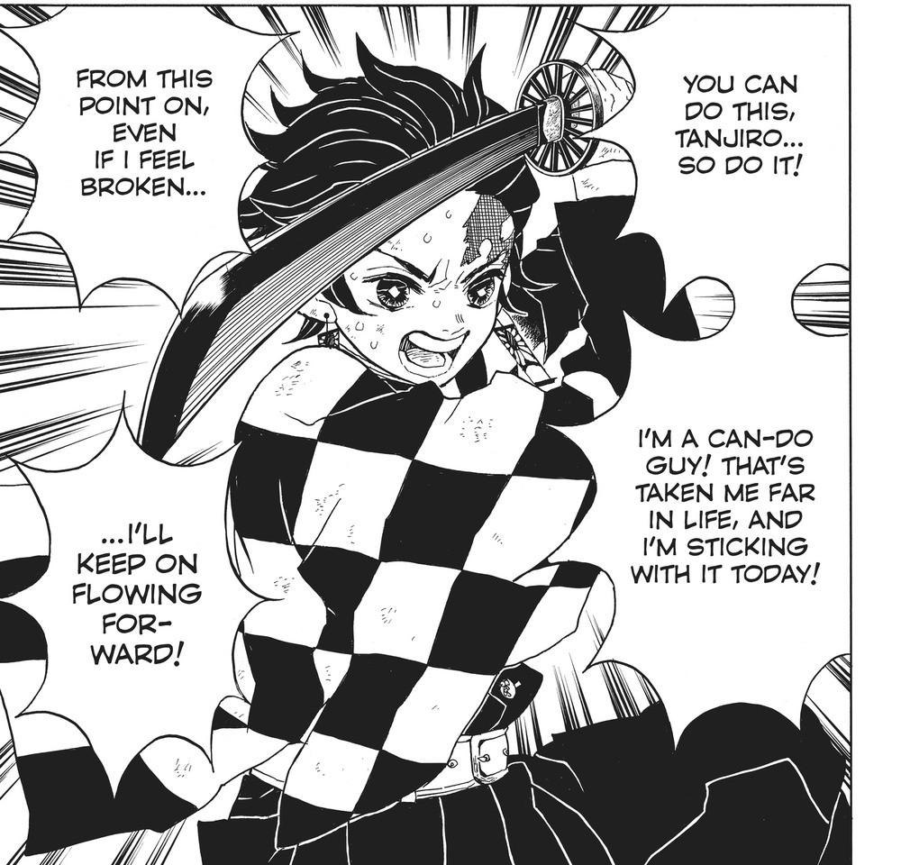 Demon Slayer: Kimetsu no Yaiba Vol. 3 (VIZ Media), p.165 — the same panel: "YOU CAN DO THIS, TANJIRO... SO DO IT! I'M A CAN-DO GUY!..."