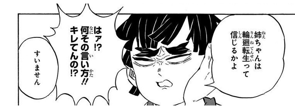 Demon Slayer: Kimetsu no Yaiba Vol. 23, p.198 (Japanese) — Toko Agatsuma, scowling mid-reaction, beside her brother's question 「姉ちゃんは輪廻転生って信じるかよ」 (furigana りんねてんせい over 輪廻転生).