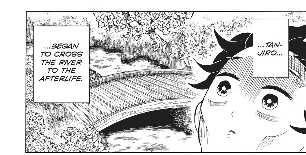 Demon Slayer: Kimetsu no Yaiba Vol. 12 (VIZ Media), p.136 — the same panel: "...BEGAN TO CROSS THE RIVER TO THE AFTERLIFE." beside the bridge, Tanjiro's face captioned "...TANJIRO..."