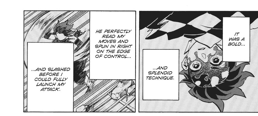 Demon Slayer: Kimetsu no Yaiba Vol. 18 (VIZ Media), p.104 — the same two panels, one page later in the English edition (this volume runs +1 page in VIZ's pagination from around p.32 onward): "...AND SLASHED BEFORE I COULD FULLY LAUNCH MY ATTACK." beside "IT WAS A BOLD... ...AND SPLENDID TECHNIQUE."