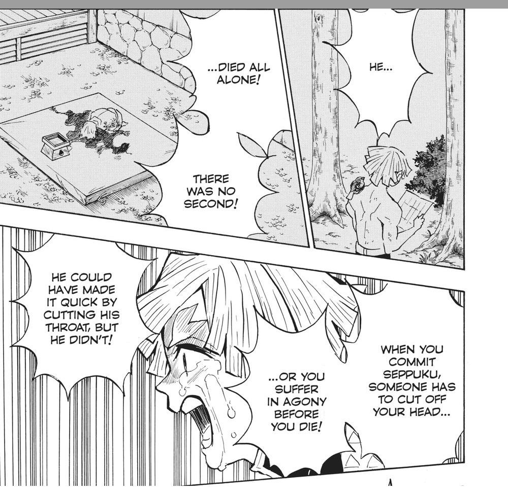 Demon Slayer: Kimetsu no Yaiba Vol. 17 (VIZ Media), p.39 — the same panels: "HE... / ...DIED ALL ALONE! / THERE WAS NO SECOND!"