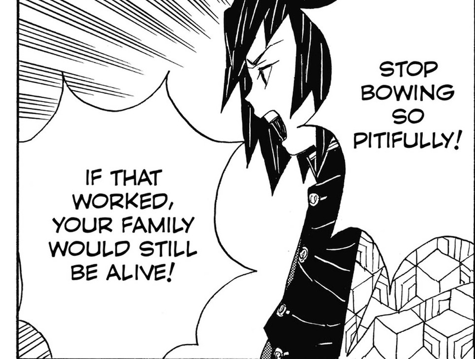 Demon Slayer: Kimetsu no Yaiba Vol. 1 (VIZ Media), p.38 — the same panel: "STOP BOWING SO PITIFULLY!"