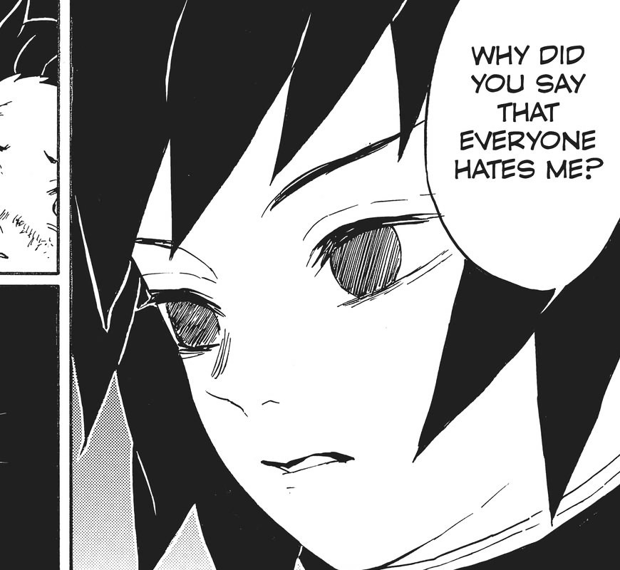 Demon Slayer: Kimetsu no Yaiba Vol. 6 (VIZ Media), p.10 — the same close-up, the flat denial rendered instead as a question: "WHY DID YOU SAY THAT EVERYONE HATES ME?"