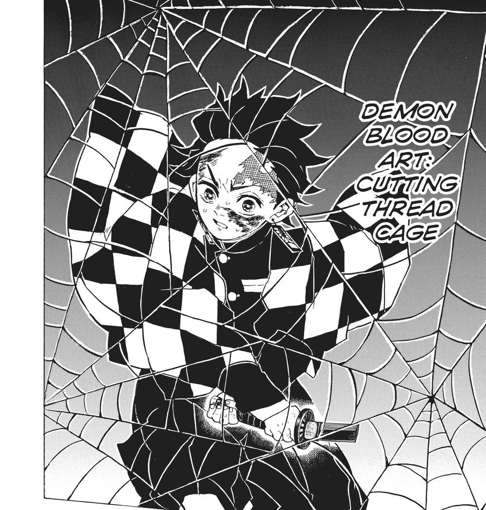 Demon Slayer: Kimetsu no Yaiba Vol. 5 (VIZ Media), p.102 — the matching splash panel: "DEMON BLOOD ART: CUTTING THREAD CAGE."