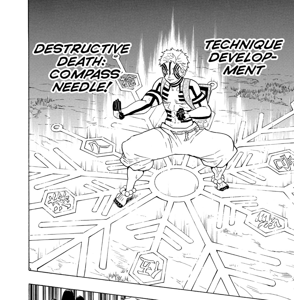 Demon Slayer: Kimetsu no Yaiba Vol. 8 (VIZ Media), p.38 — the matching splash panel: "DESTRUCTIVE DEATH: COMPASS NEEDLE!" and "TECHNIQUE DEVELOPMENT."