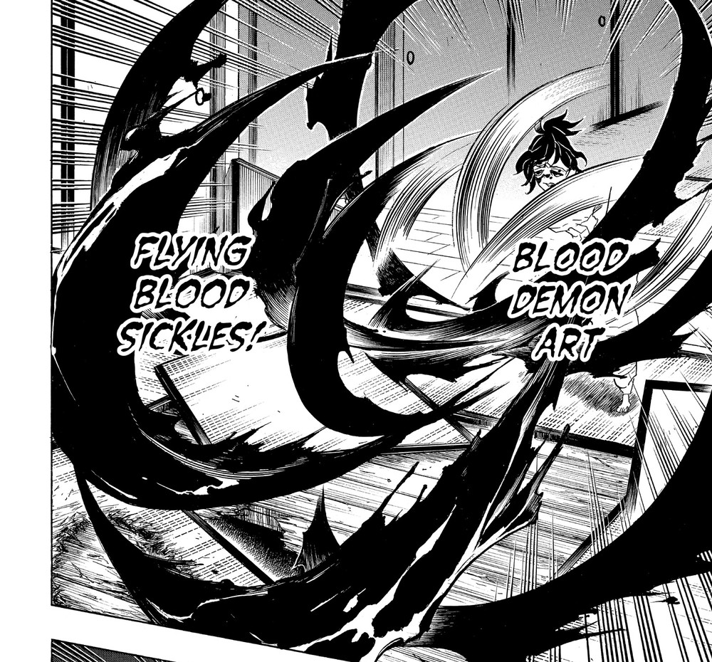 Demon Slayer: Kimetsu no Yaiba Vol. 10 (VIZ Media), p.138 — the matching splash panel: "FLYING BLOOD SICKLES!" and "BLOOD DEMON ART."