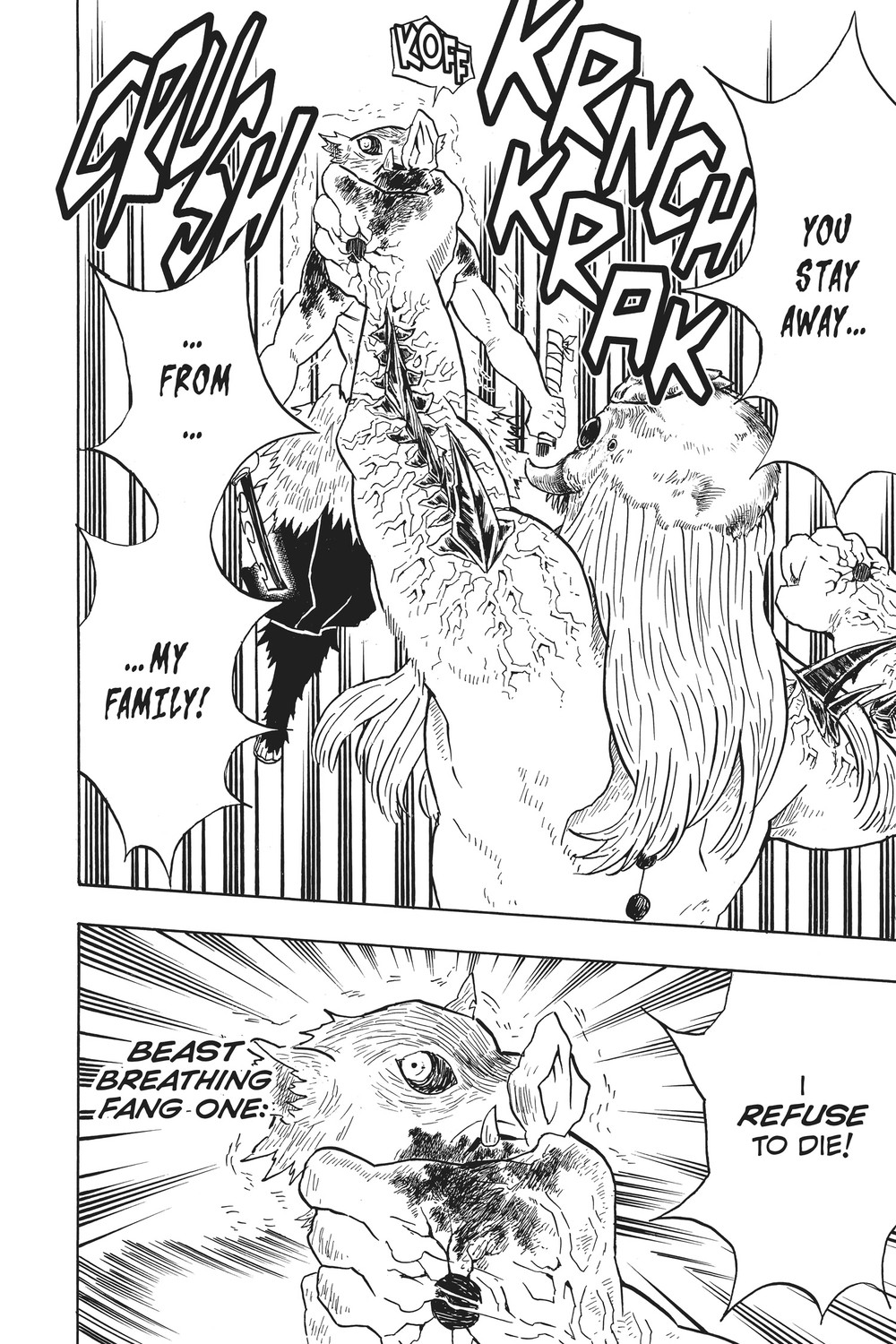 Demon Slayer: Kimetsu no Yaiba Vol. 5 (VIZ Media), p.54-55 — this stretch of Vol. 5 runs one page ahead in VIZ's English pagination: "BEAST BREATHING / FANG ONE:" then "PIERCE!"