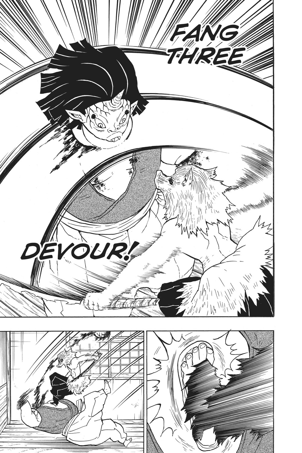 Demon Slayer: Kimetsu no Yaiba Vol. 3 (VIZ Media), p.143 — "FANG THREE" then "DEVOUR!"