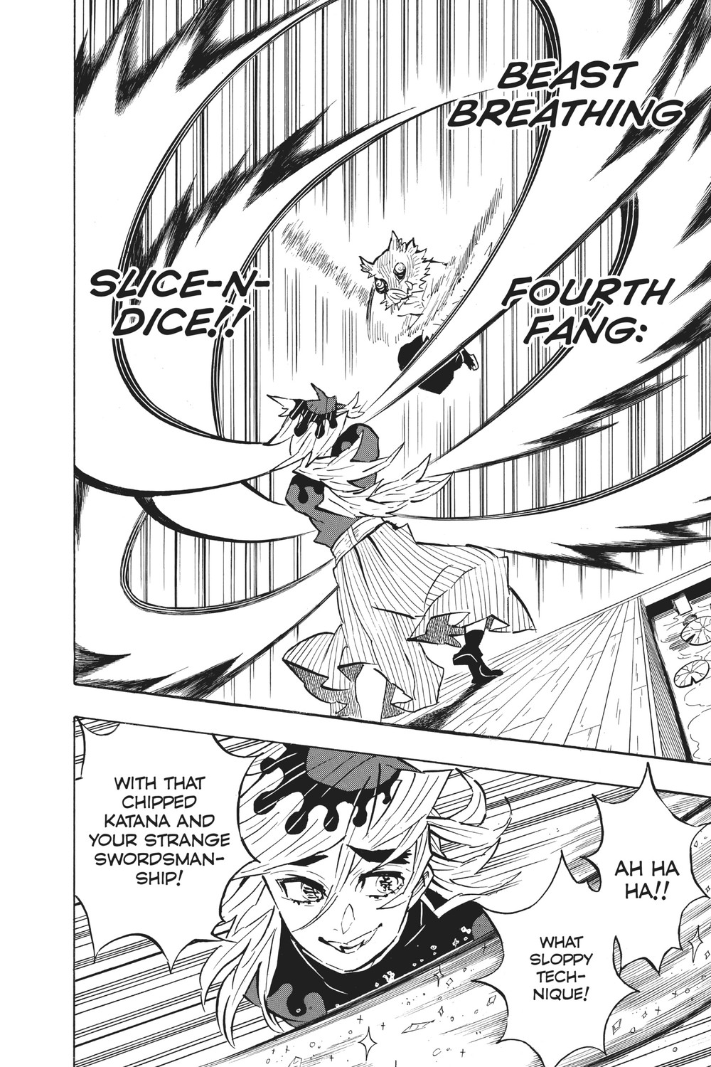 Demon Slayer: Kimetsu no Yaiba Vol. 18 (VIZ Media), p.160 — this stretch of Vol. 18 runs one page ahead in VIZ's English pagination: "SLICE-N-DICE!!" and "BEAST BREATHING / FOURTH FANG:"