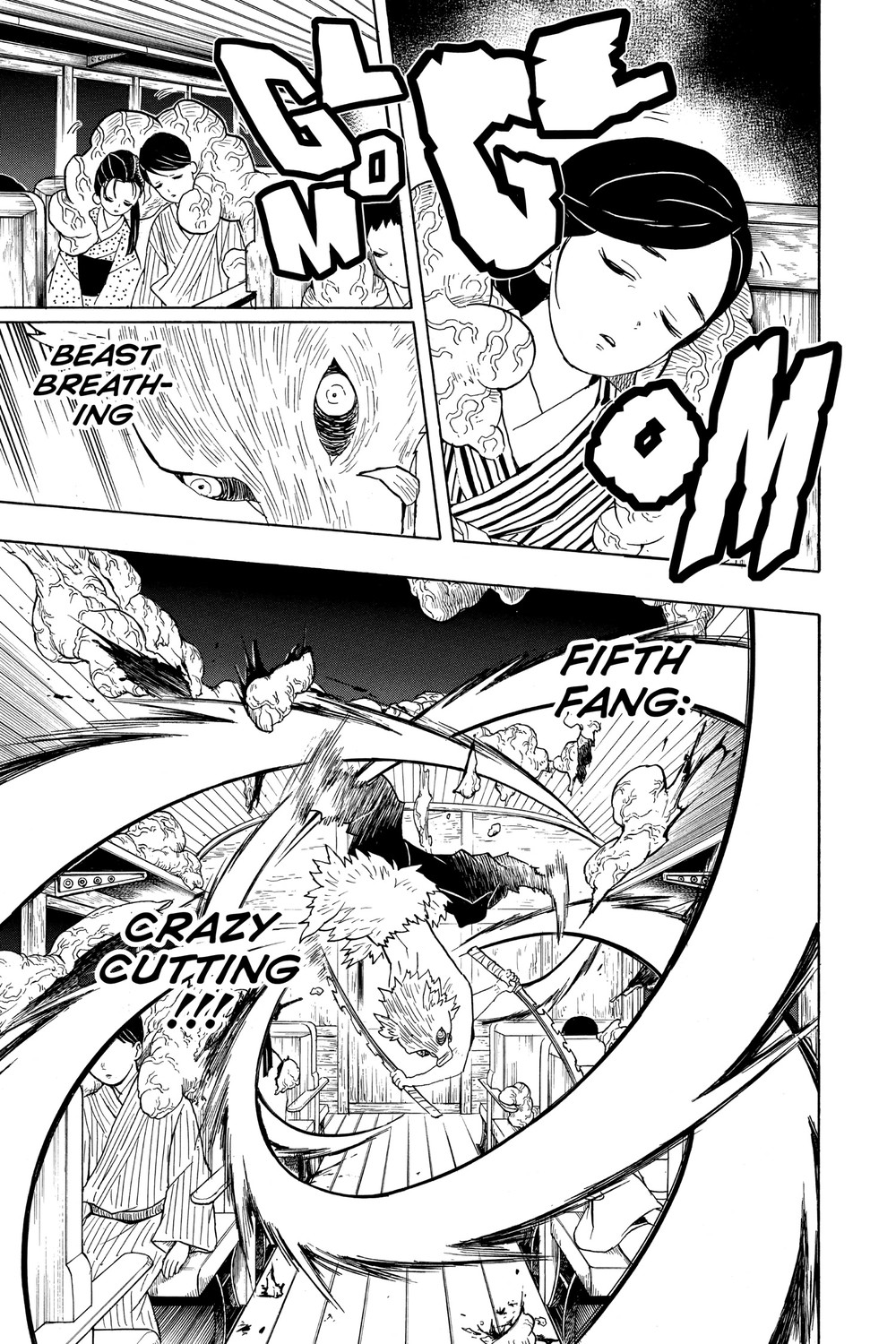 Demon Slayer: Kimetsu no Yaiba Vol. 7 (VIZ Media), p.153 — "BEAST BREATHING," "FIFTH FANG:," and "CRAZY CUTTING!!!!"