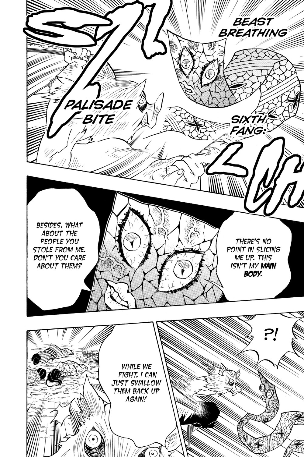 Demon Slayer: Kimetsu no Yaiba Vol. 9 (VIZ Media), p.176 — "BEAST BREATHING / SIXTH FANG:" and "PALISADE BITE!!"