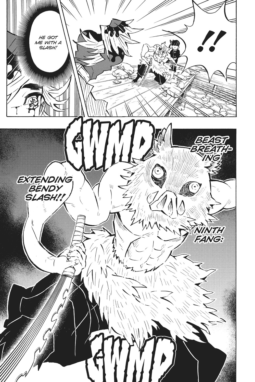 Demon Slayer: Kimetsu no Yaiba Vol. 18 (VIZ Media), p.167 — this stretch of Vol. 18 runs one page ahead in VIZ's English pagination: "BEAST BREATHING / NINTH FANG:" and "EXTENDING BENDY SLASH!!"